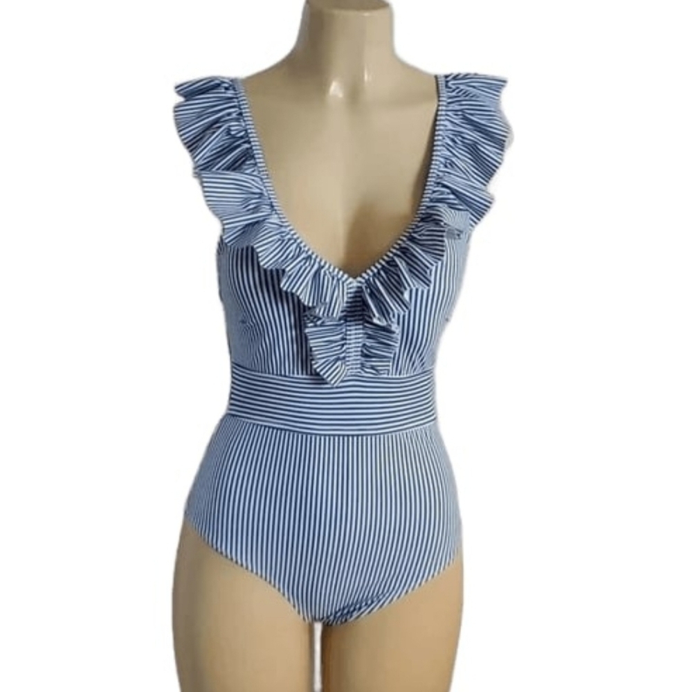 Blooming Jelly Womens Striped Ruffle One Piece Swimsuit V Neck High Rise Size S